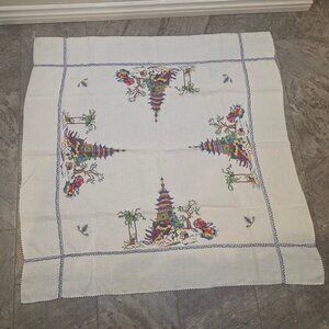 Vintage Hand-Embroidered Cross Stitch Pagoda Garden Asian Tablecloth 46" Square